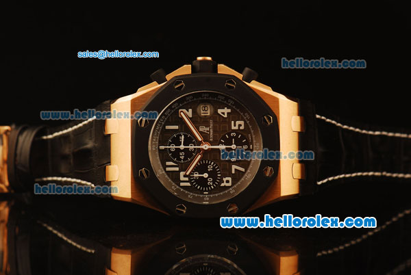 Audemars Piguet Royal Oak Offshore Swiss Valjoux 7750 Automatic Rose Gold Case with PVD Bezel and Black Grid Dial -Black Leather Strap - Click Image to Close